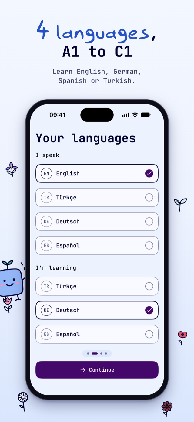 Four languages, A1 to C1: English, German, Spanish or Turkish