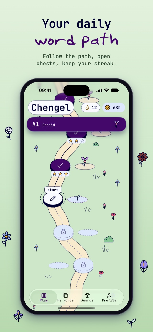 Your daily word path: follow the path, open chests, keep your streak