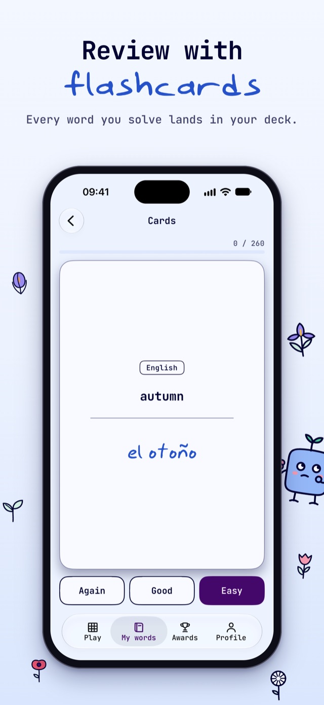 Review with flashcards: every word you solve lands in your deck